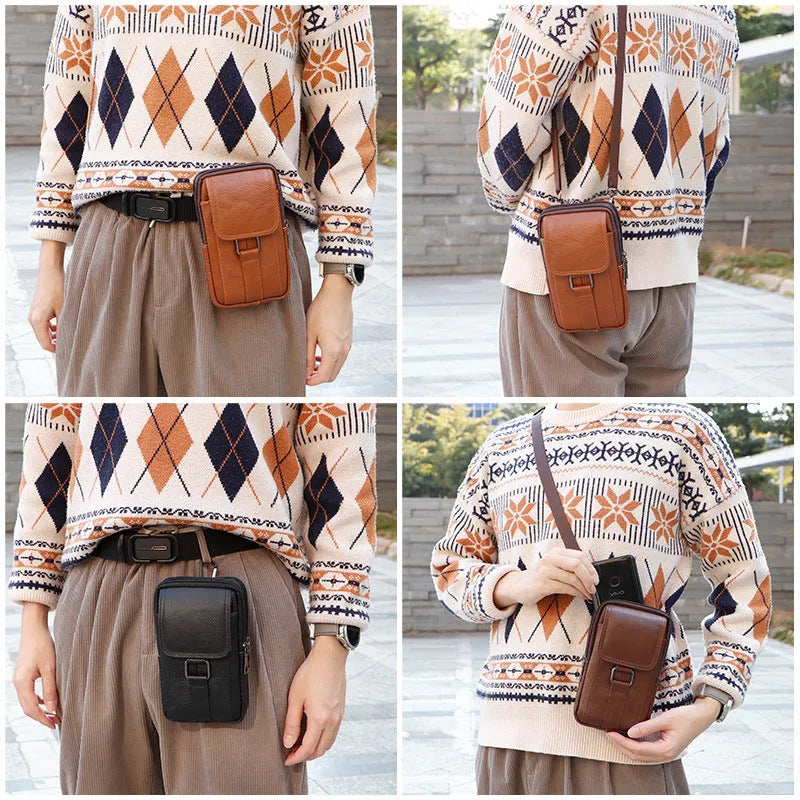 Men's black genuine leather waist crossbody bag with lock closure and vertical square design