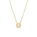 White mother shell flower necklace with floral pendant on gold or silver chain.