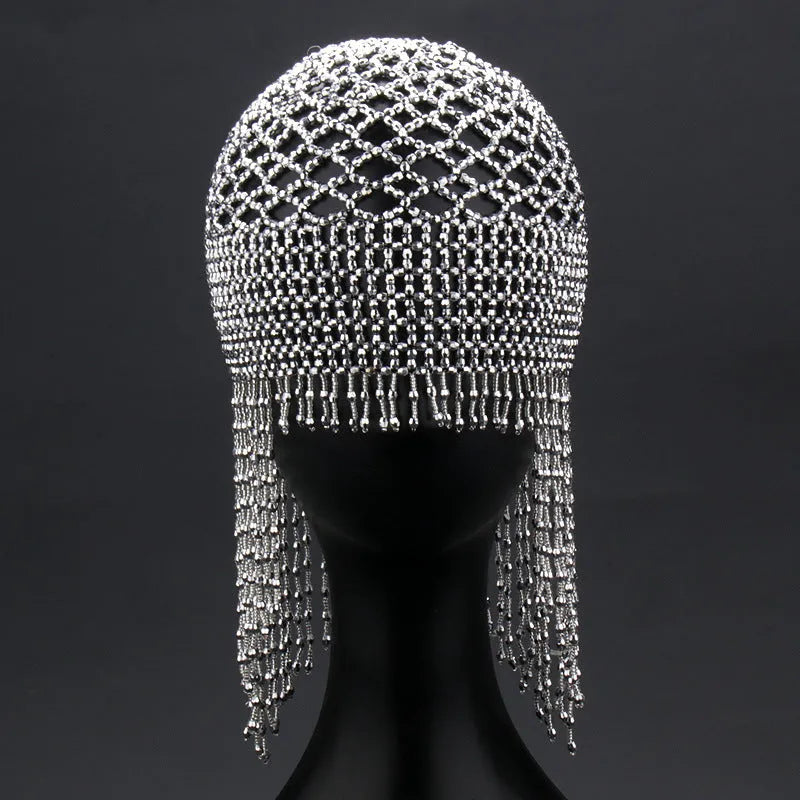 Handmade alloy belly dance hat with beaded tassels in silver or black mesh for women