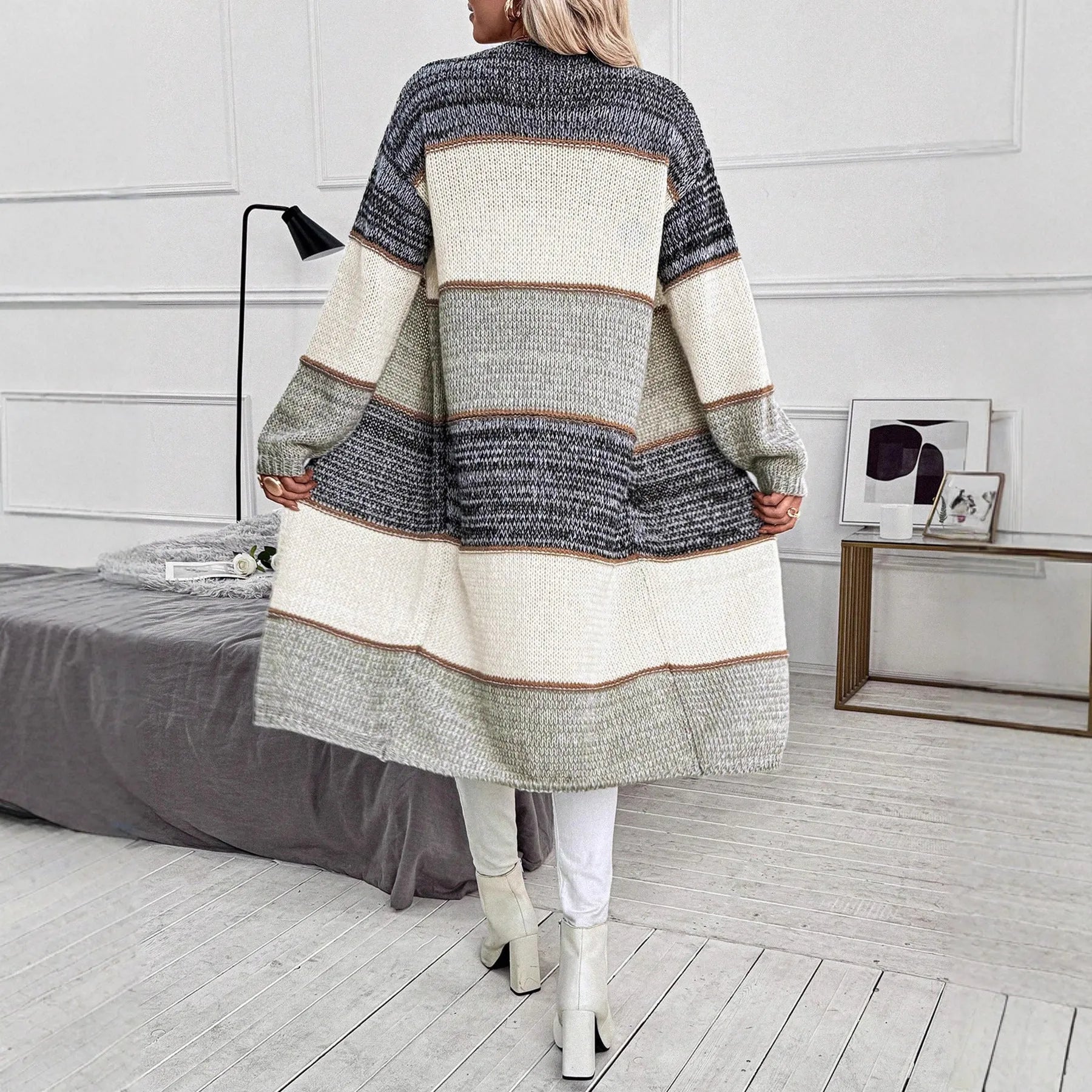 Grey women's loose fit knitted long sleeve cardigan with striped or plaid pattern