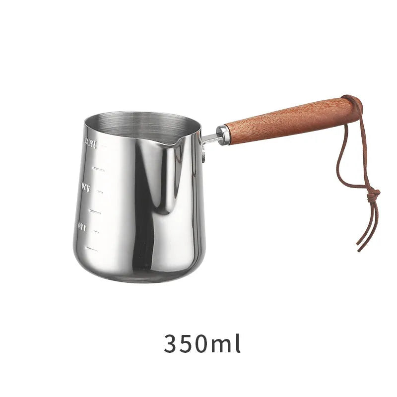 Stainless steel coffee cup with volume measurement scale and wooden handle in three capacity sizes