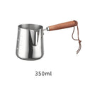 Stainless steel coffee cup with volume measurement scale and wooden handle in three capacity sizes