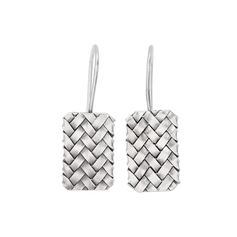 Geometric woven diamond plaid earrings in silver measuring 17.5mm by 11mm