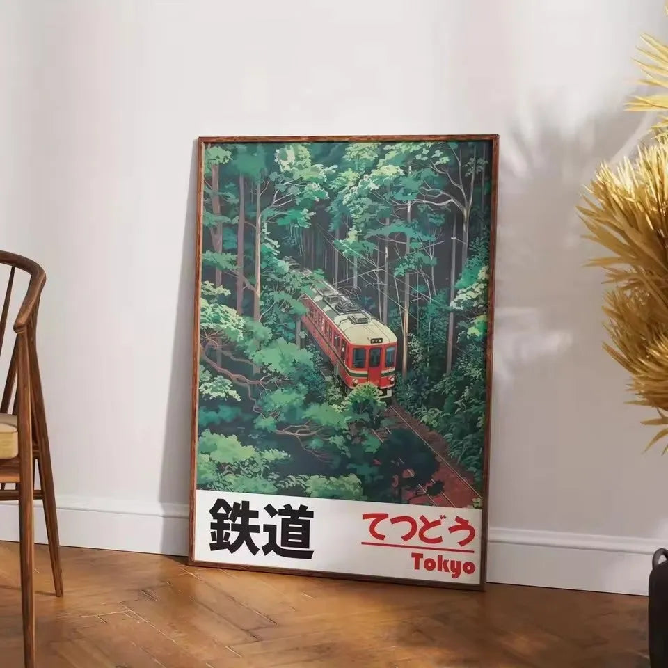 Retro Japanese landscape canvas print of a railway scene, unframed wall art