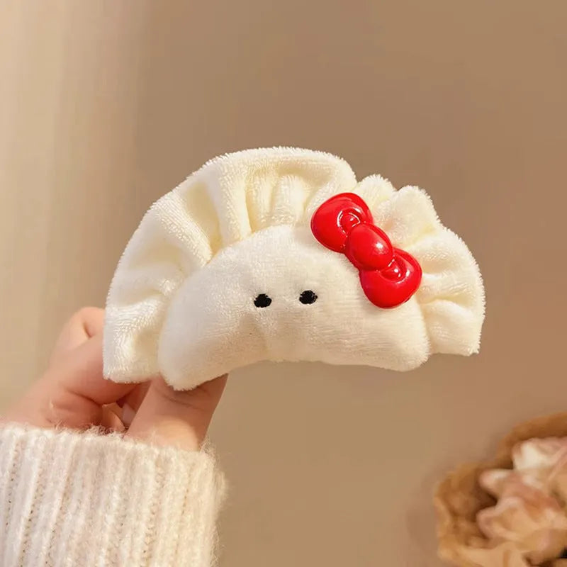 Cute plush dumpling grip barrette with bowknot for women hair accessories.