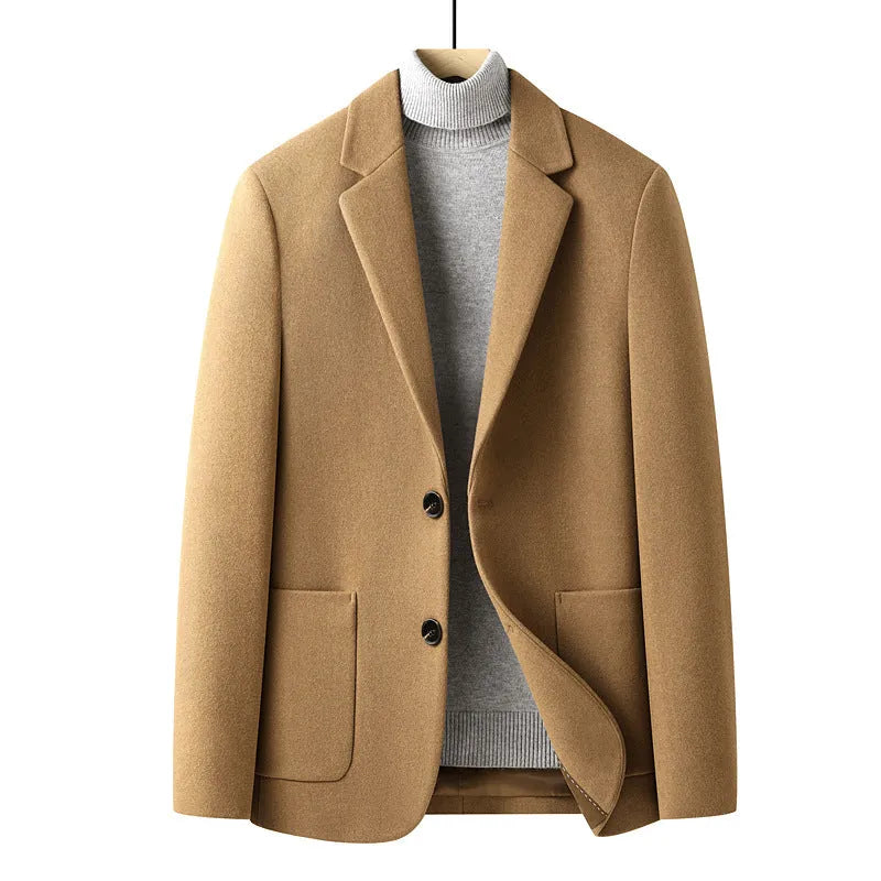 Men's slim-fit wool suit jacket in grey, shown on a hanger.