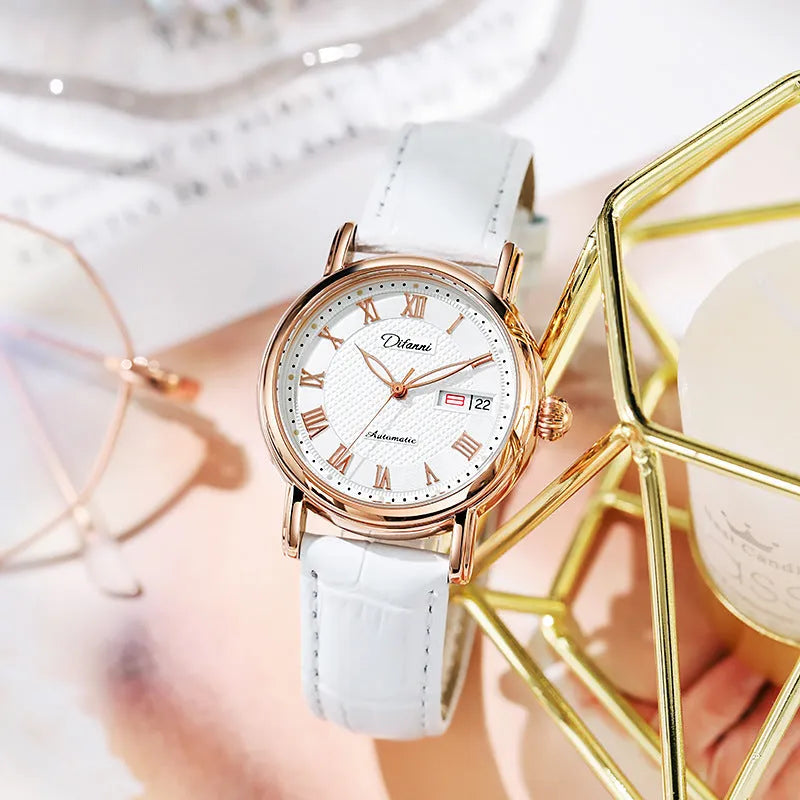 Women's fashion automatic mechanical watch with choice of steel or leather strap.