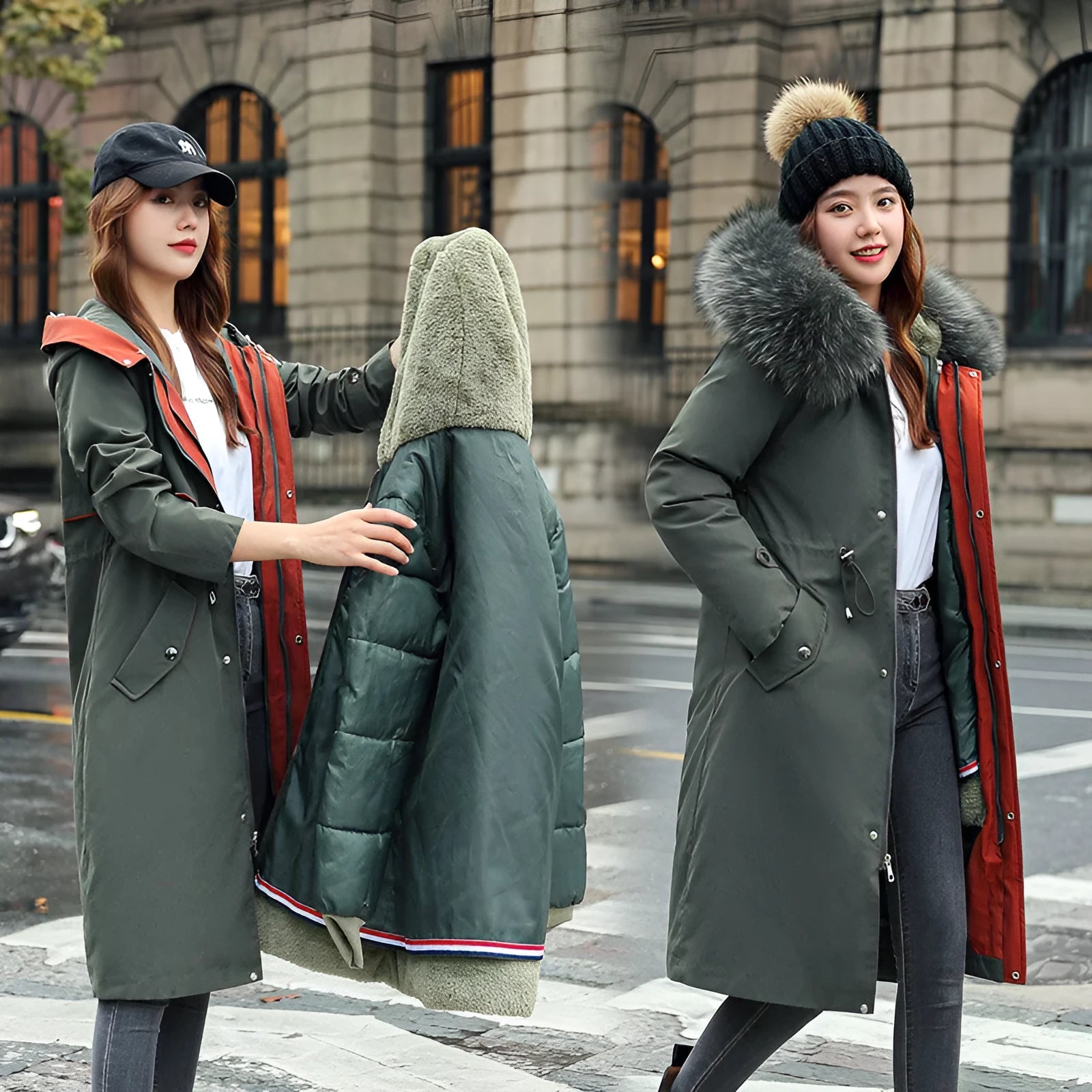 Women's long beige trench coat with a two-way zip, shown on a model.