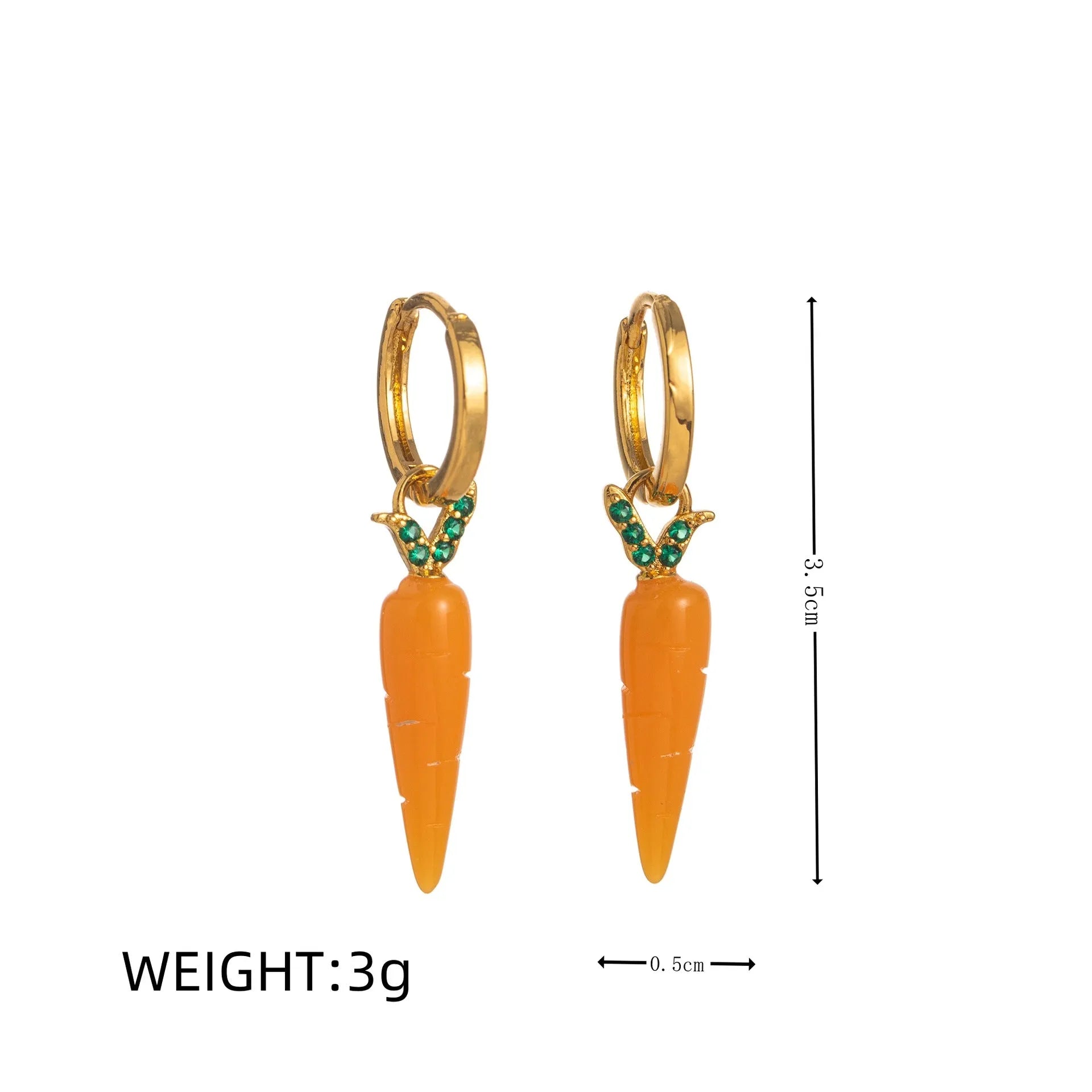 Gold plated copper earrings with detailed carrot, orange, blueberry, chilli, lemon, olive, and peach designs.