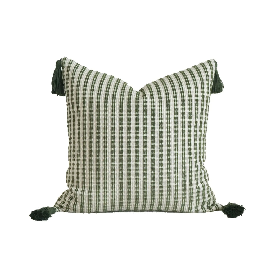 Green botanical patterned decorative pillows in striped, tree, and leaf designs on brushed cotton linen fabric