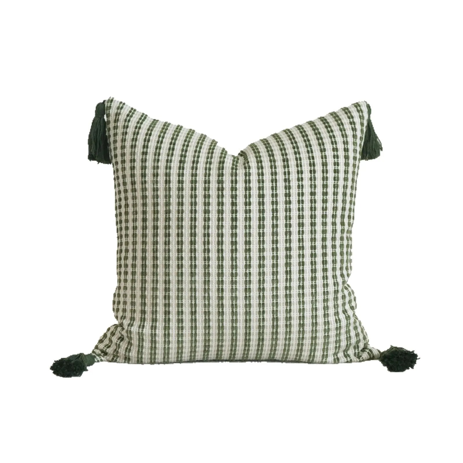 Green botanical patterned decorative pillows in striped, tree, and leaf designs on brushed cotton linen fabric