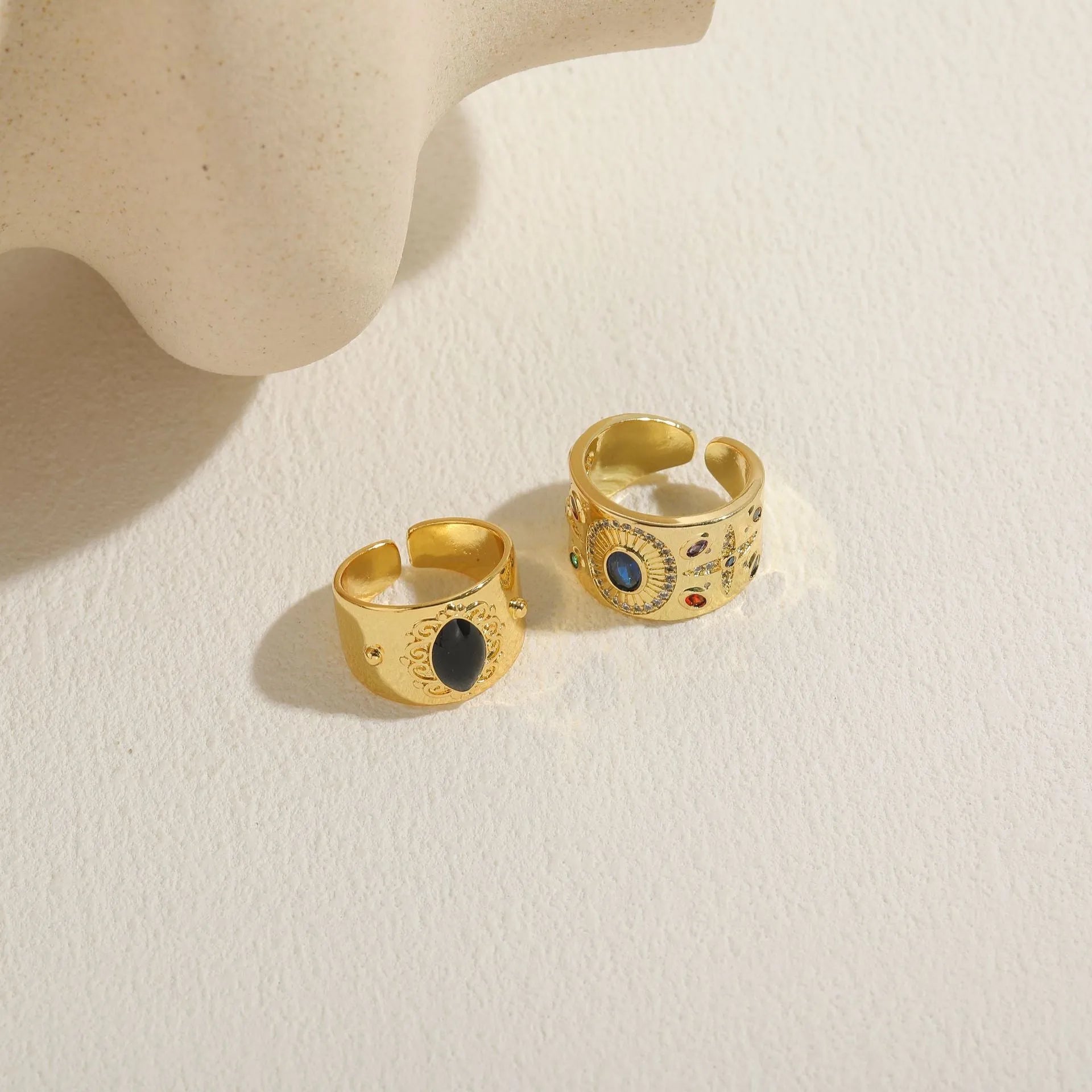 Vintage Chinese style geometric ring with zircon stones and horse eye black electroplated finish