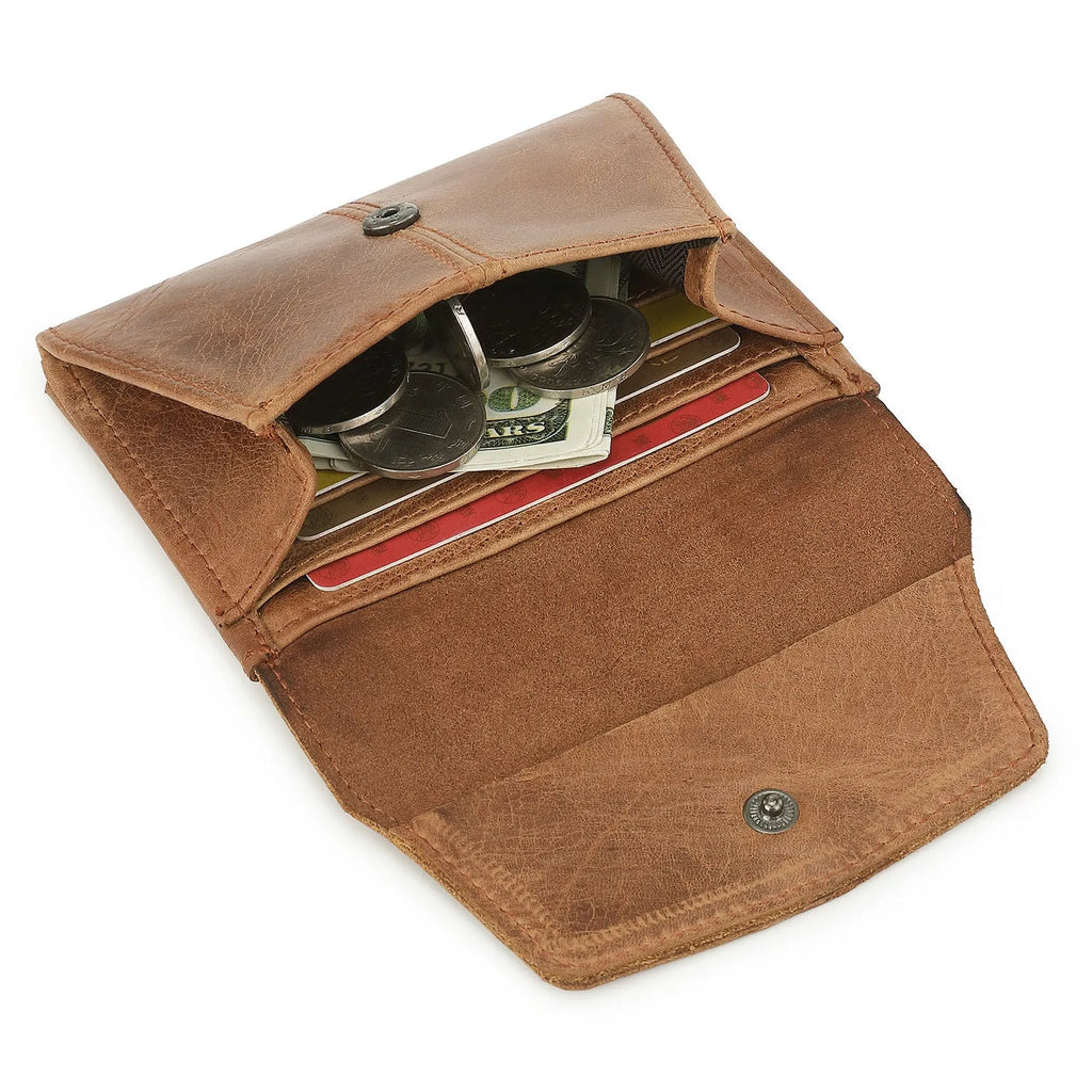 Genuine leather coin purse with stitching details in brown colour showing RFID protection feature