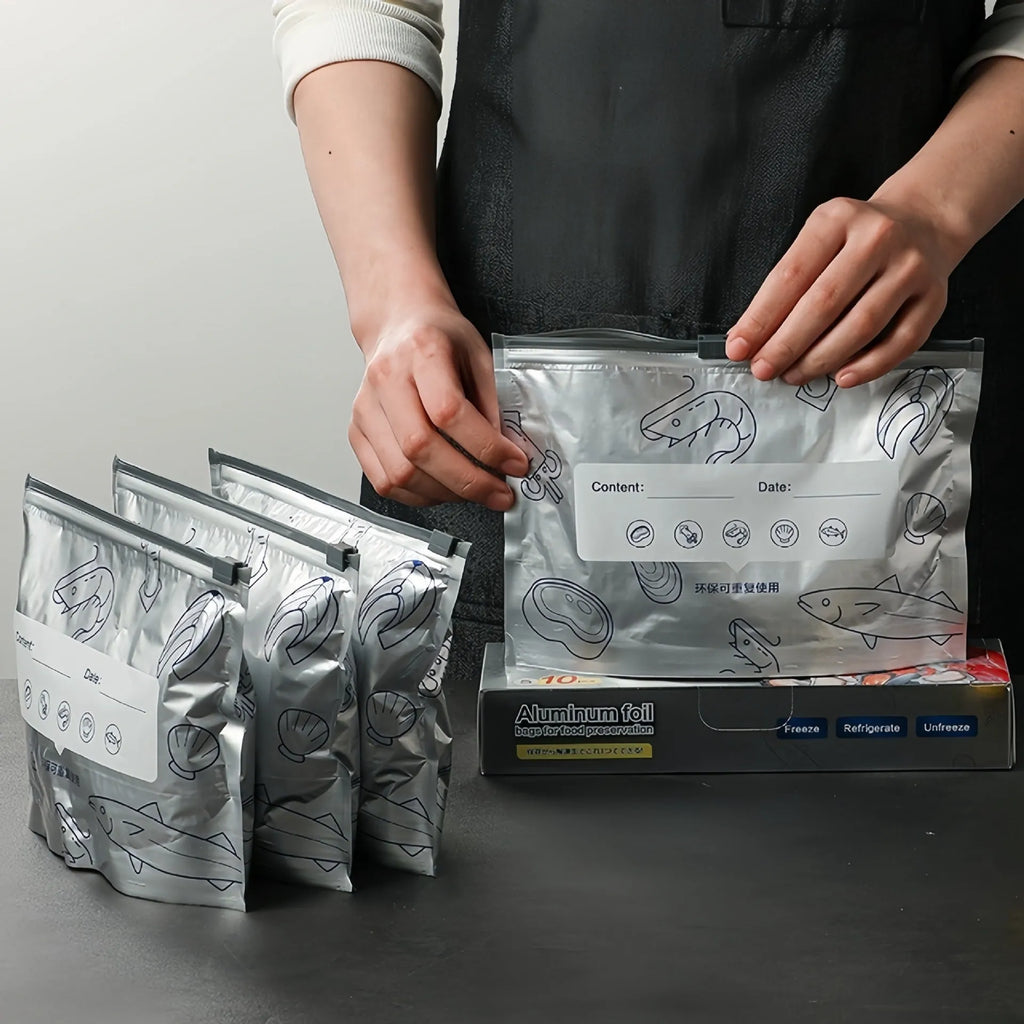 Aluminium foil sealed storage bags in small, medium, and large sizes with zip closure