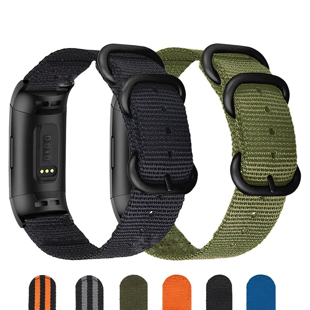 Nylon three-ring buckle replacement strap for Fitbit Charge fitness tracker in multiple colours.