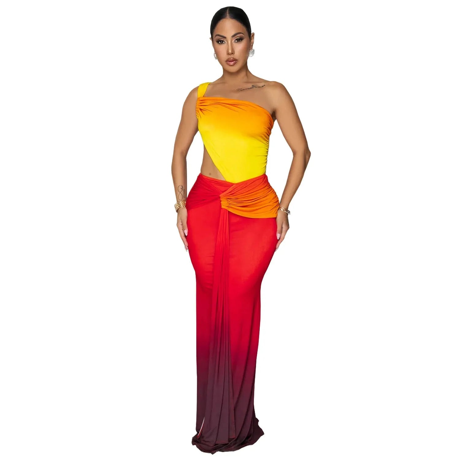 Women's gradient colour cross-shoulder summer dress in polyester, shown in a high-waist long skirt style.
