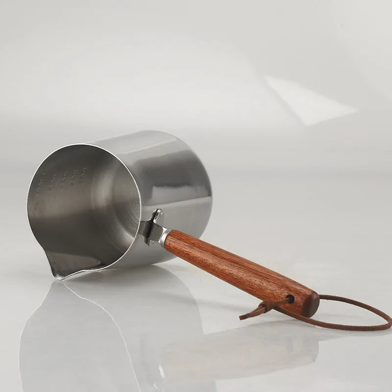 Stainless steel coffee cup with volume measurement scale and wooden handle in three capacity sizes