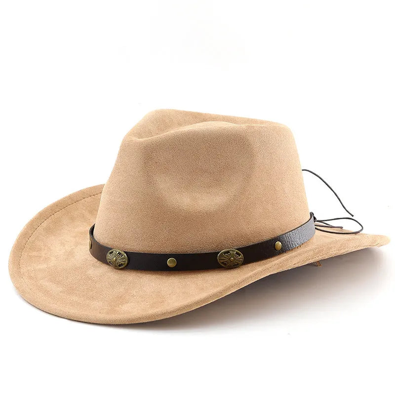 Brown leather velvet curved edge Western cowboy hat with a conical crown on a table.