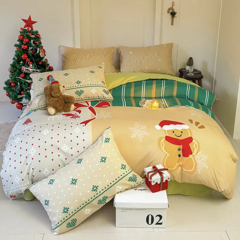 Christmas style four-piece bedding set with Gingerbread Man cartoon print on super soft washed cotton