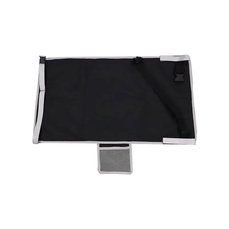 Portable blue nylon aircraft seat extender for children with drawstring storage pocket attached