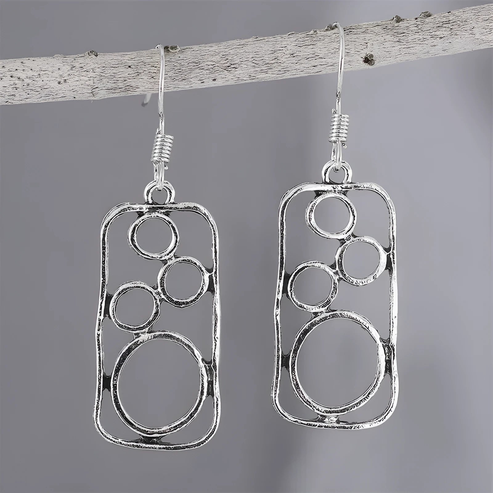 Round ring earrings with geometric irregular square design in antique silver finish