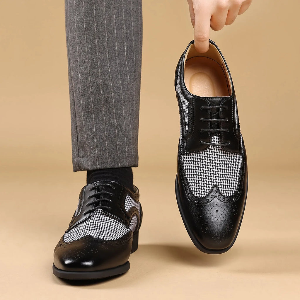 Men's black houndstooth pattern casual leather shoes with square toe and lace-up front.