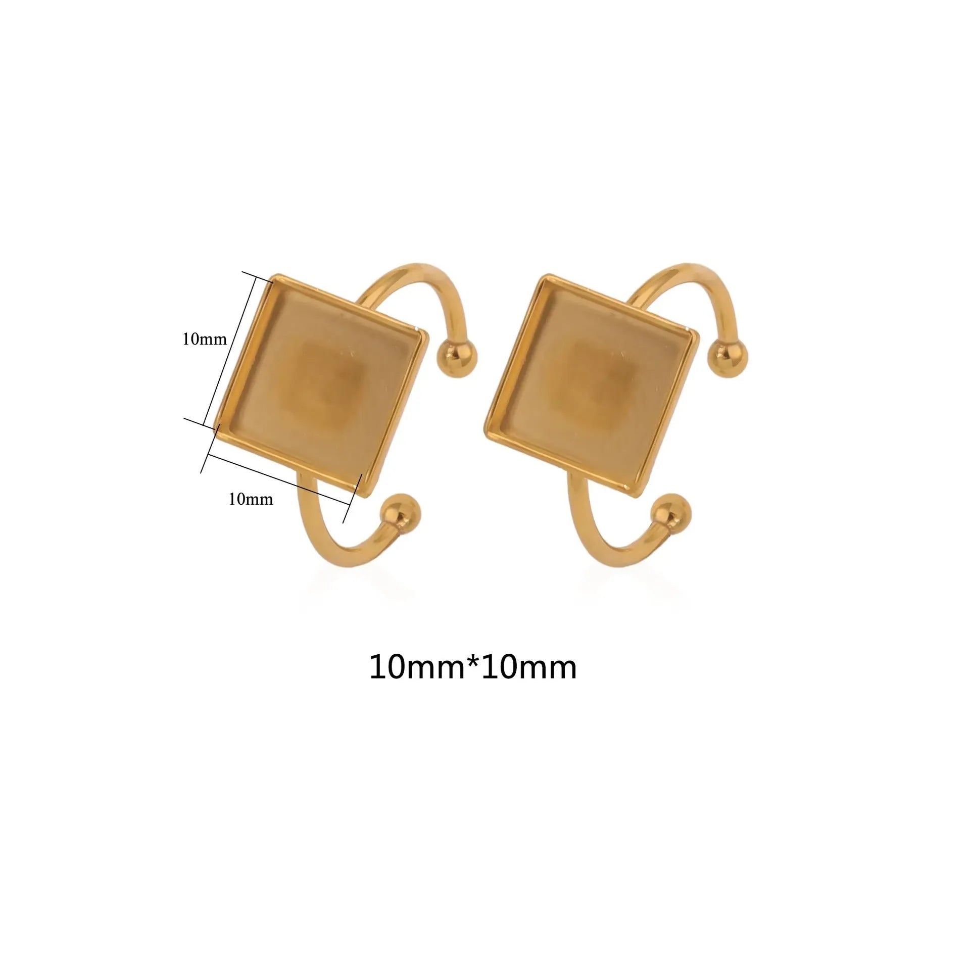 Assortment of golden electroplated stainless steel ring settings and DIY jewellery components in various shapes.