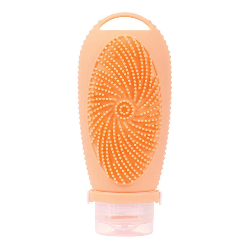 Silicone bath brush storage bottle in various colours showing 100ml capacity for bathroom organisation.