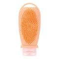 Silicone bath brush storage bottle in various colours showing 100ml capacity for bathroom organisation.