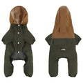 A small or medium-sized dog wearing a khaki-coloured British-style waterproof shell jacket.