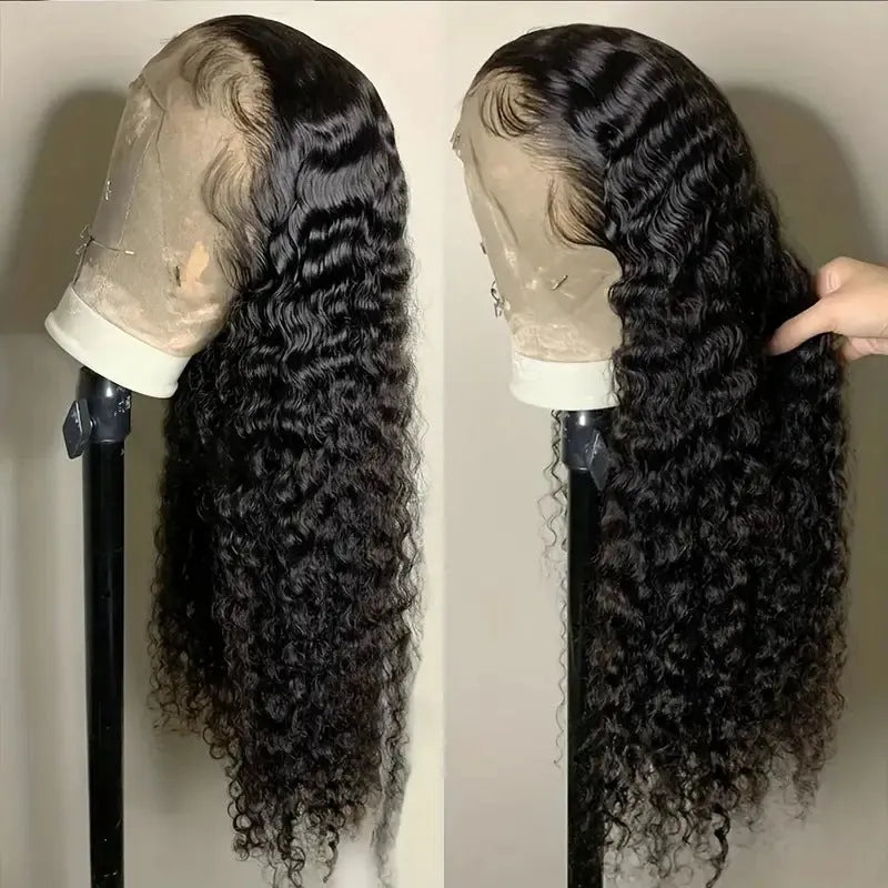 Women's long curly afro lace wig with side bangs in synthetic high-temperature fibre.