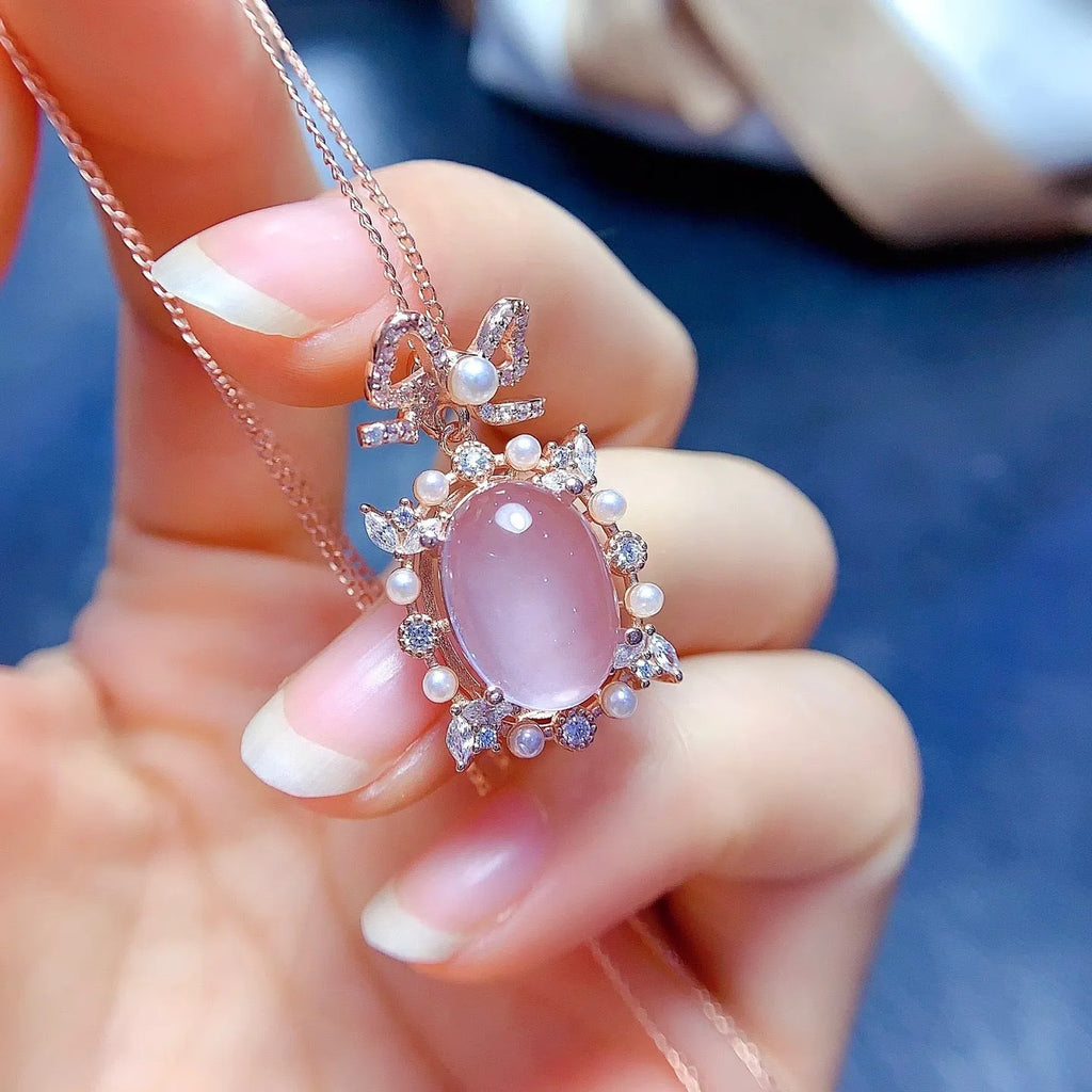 Geometric rose quartz pendant necklace with 925 silver and rose gold plating