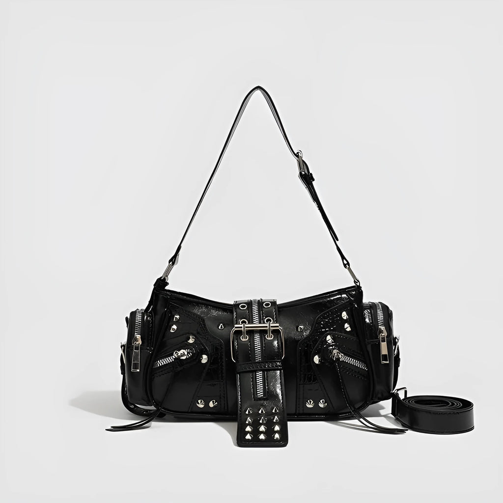 Black retro oil wax leather handbag with dumpling shape and internal organisation compartments