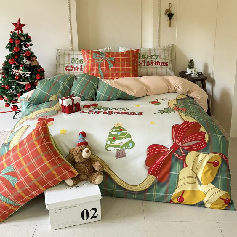 Christmas style four-piece bedding set with Gingerbread Man cartoon print on super soft washed cotton