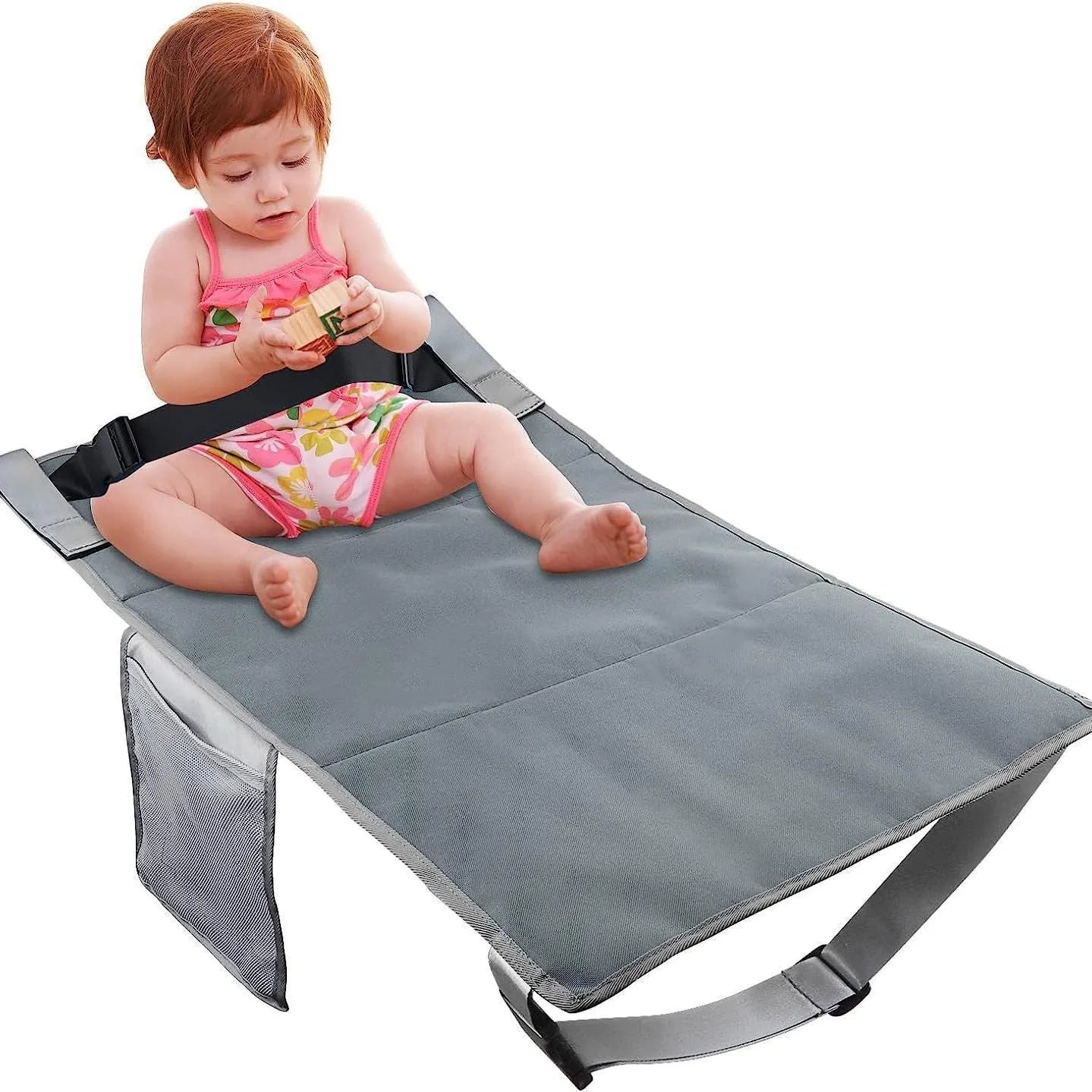 Portable blue nylon aircraft seat extender for children with drawstring storage pocket attached