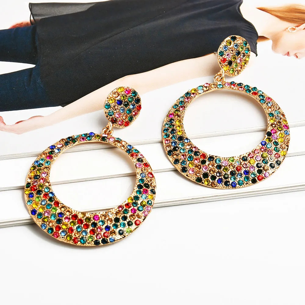 Large round pendant earrings with colourful diamond cartoon designs on metal alloy