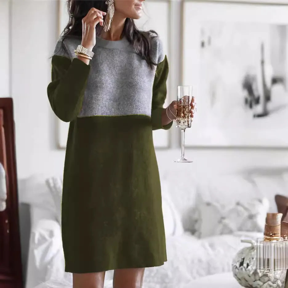 Brown women's patchwork sweater dress with long sleeves and round neck in retro art style