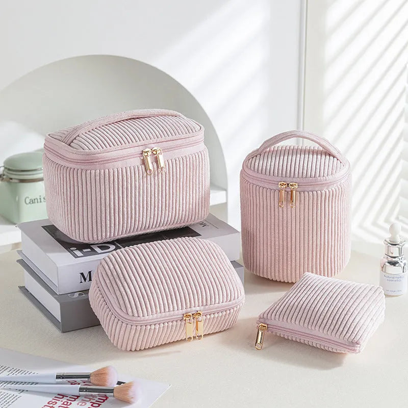 Four-piece flannelette makeup bag set in cube style design with polyester material