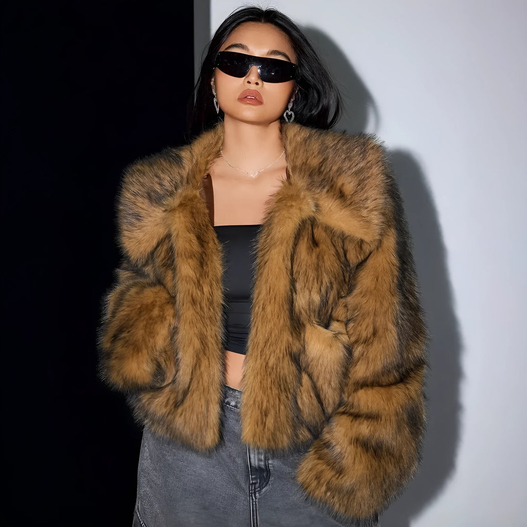 Women's artificial fur coat with fur collar in six colour options including dog fur pattern