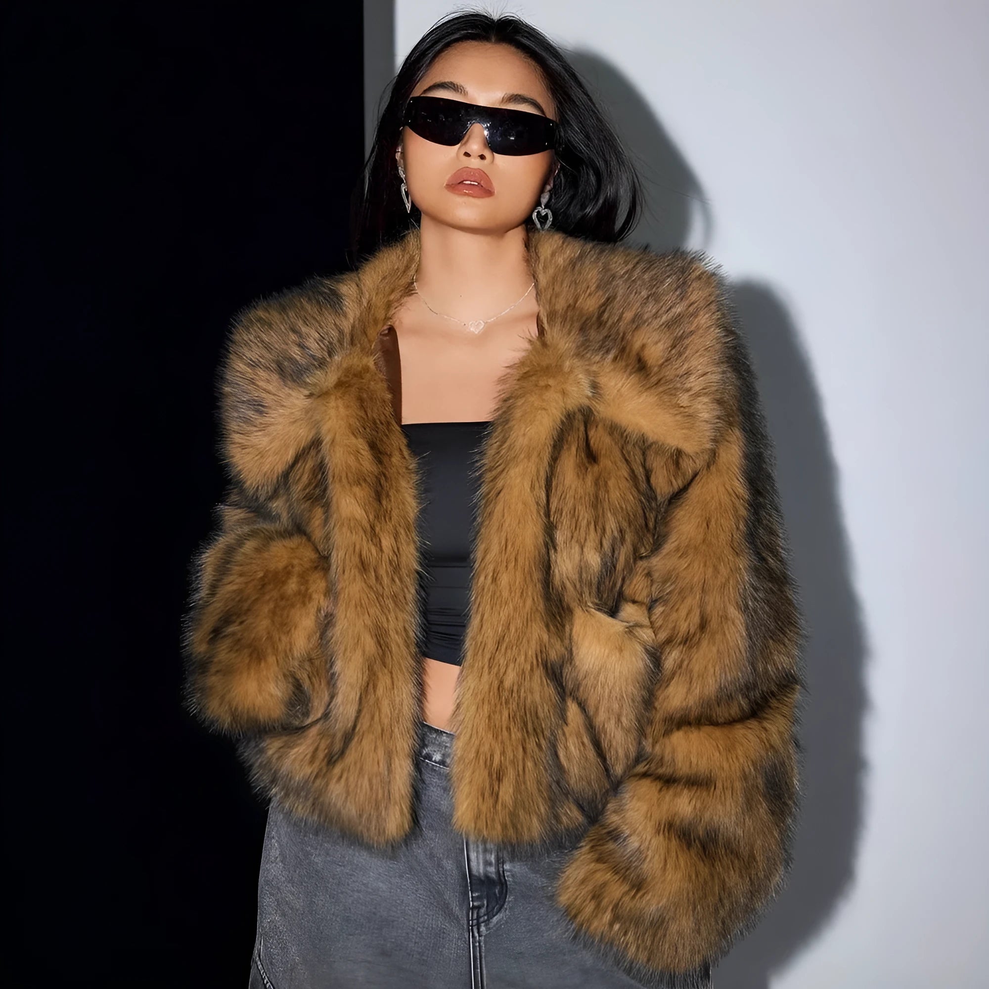 Women's artificial fur coat with fur collar in six colour options including dog fur pattern
