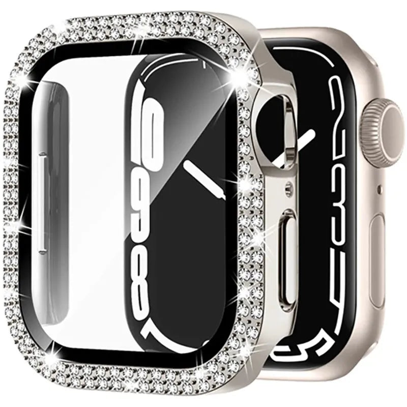 Apple Watch case with double diamond glass screen protector in rose pink colour for a 44mm model.