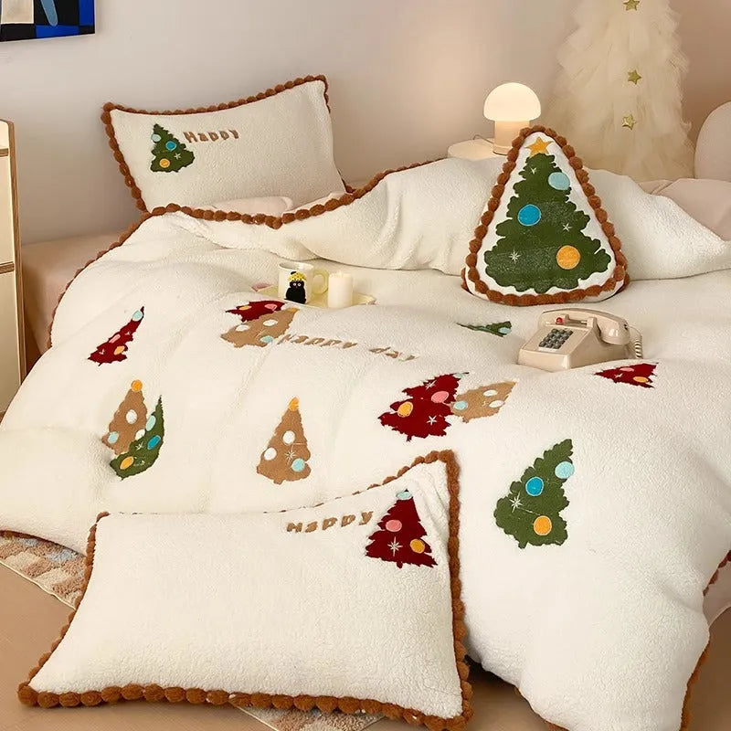 Bright yellow Christmas tree cartoon pattern fleece-lined four-piece bedding set with embroidery