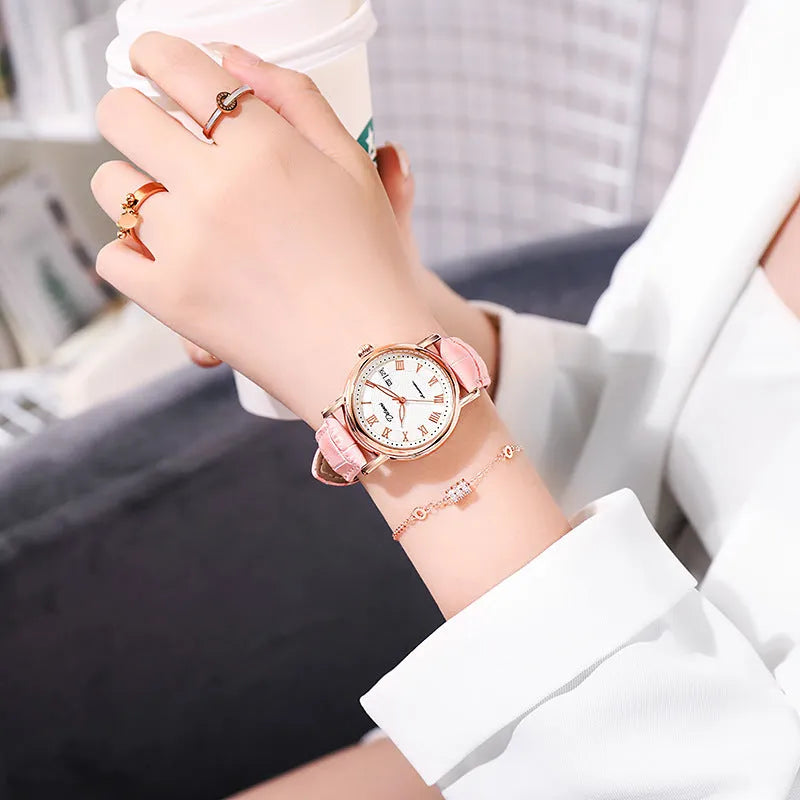 Women's fashion automatic mechanical watch with choice of steel or leather strap.