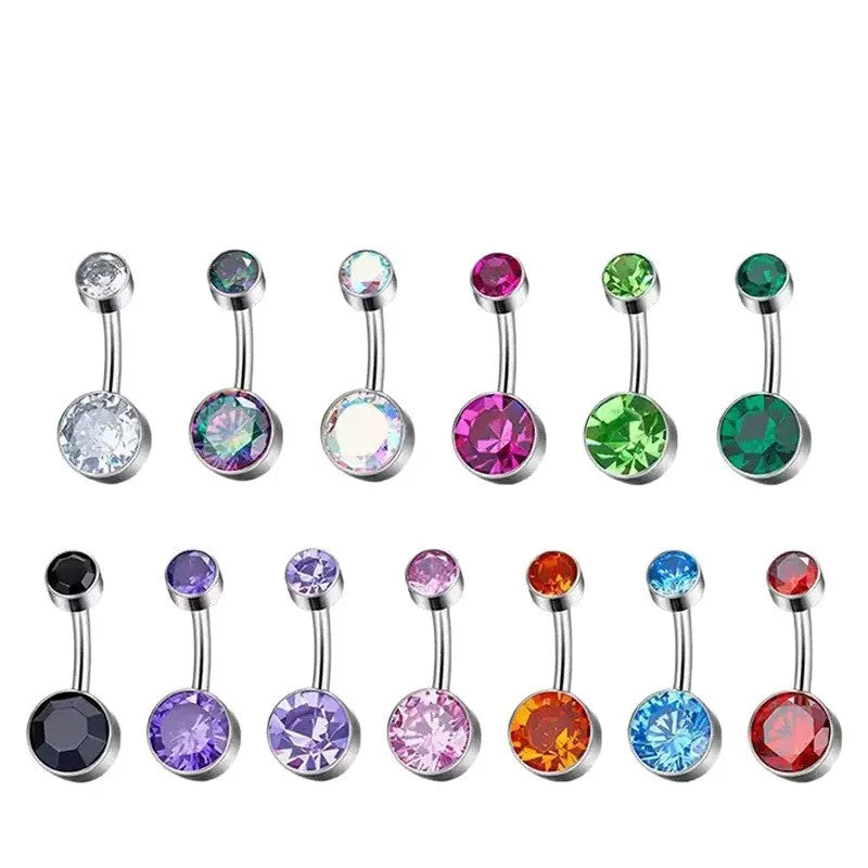 Double-headed zircon titanium alloy navel stud in multiple colours and sizes.