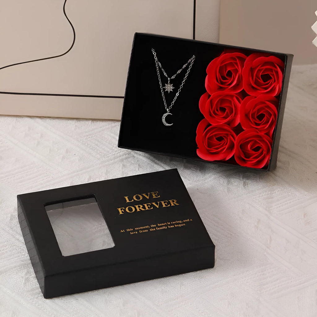Red Korean-style soap flower gift set with six flowers in a box, handbag, and measuring 12.5 by 8.5 by 4.5 cm.
