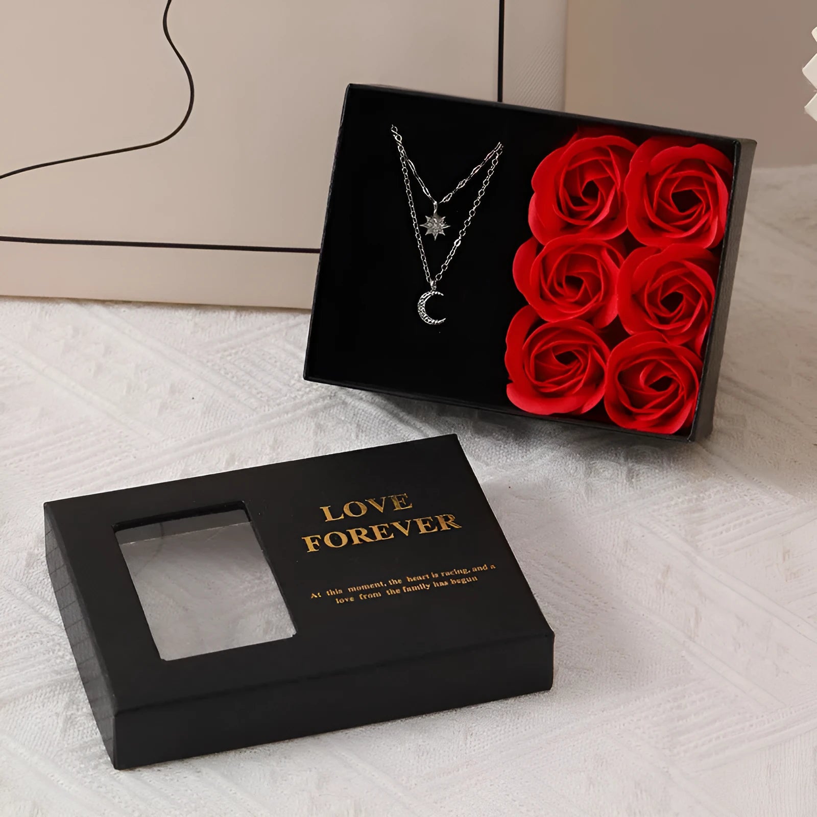 Red Korean-style soap flower gift set with six flowers in a box, handbag, and measuring 12.5 by 8.5 by 4.5 cm.