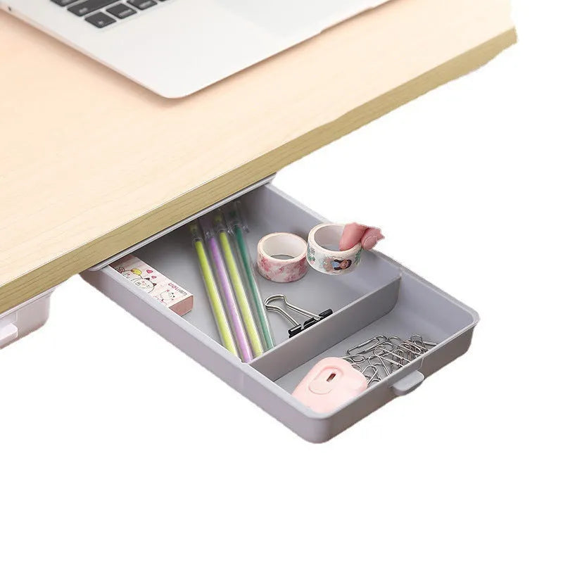 Adhesive plastic storage drawer box for under-table mounting in solid colours
