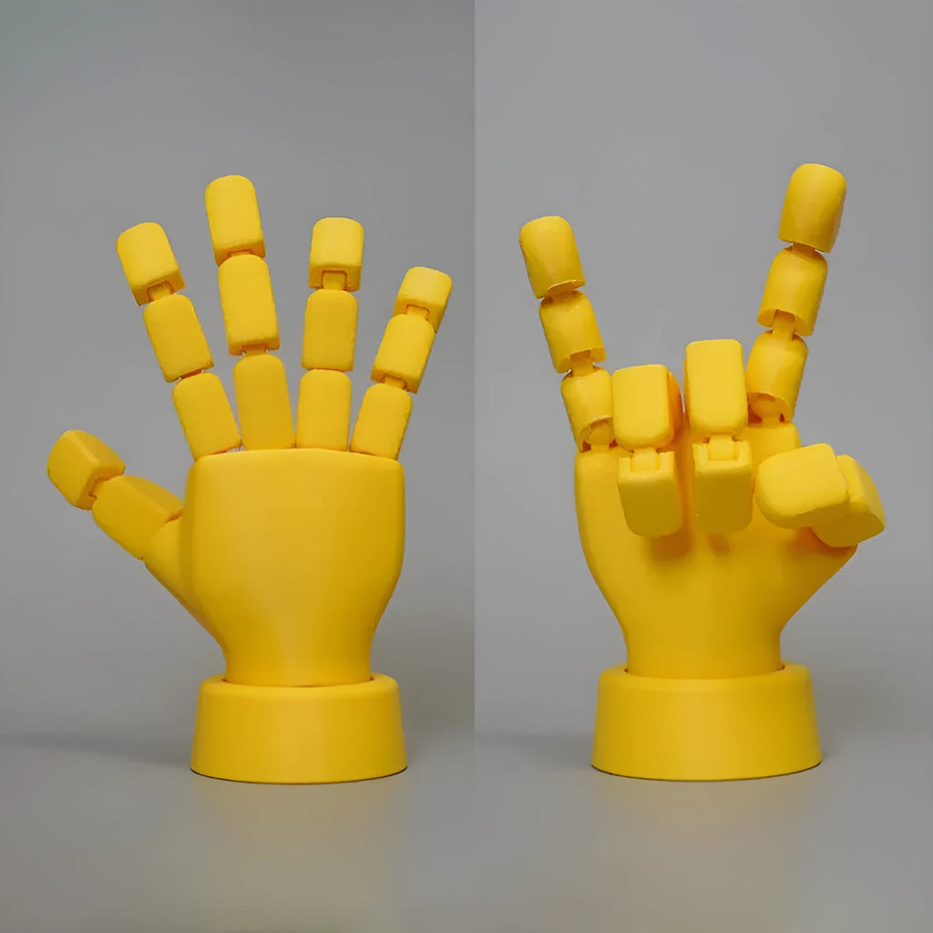Yellow American-style hand ornament with movable joints made from PLA plastic.