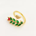 Copper gold plated open ring with micro-inlaid zircon leaf design in pink or green