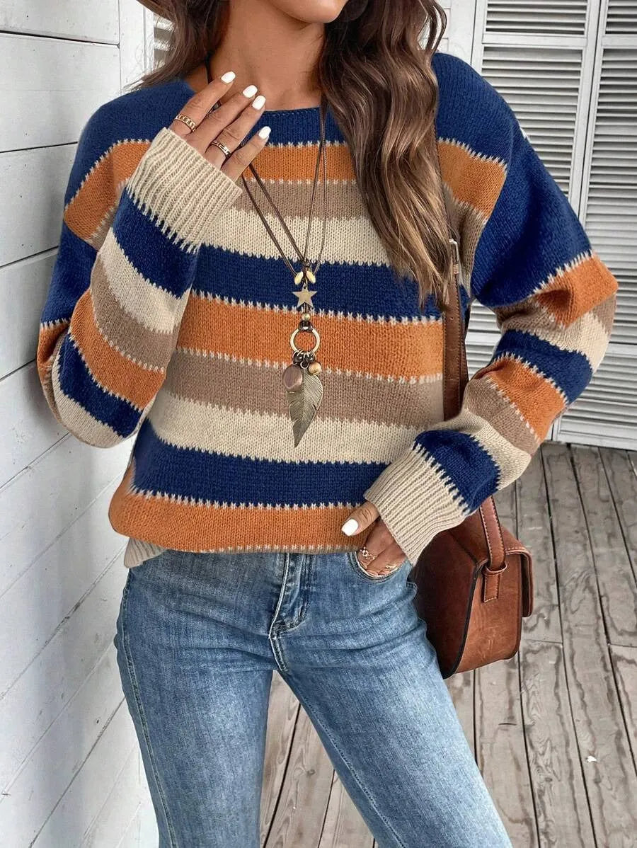 Women's colourblock striped polyester pullover sweater with long sleeves